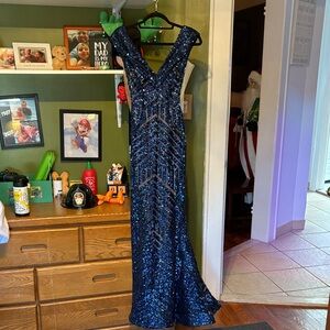 Jovani Navy Sequin Maxi Dress